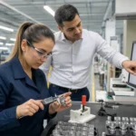 Kalite mühendisi kumpasla parça ölçerken danışman ekrandaki istatistiksel süreç kontrol grafiğini gösteriyor