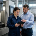 Üretim mühendisi ve yalın danışman, IoT sensörüyle donatılmış CNC tezgâhının yanında tabletten makine verimliliği verisini inceliyor