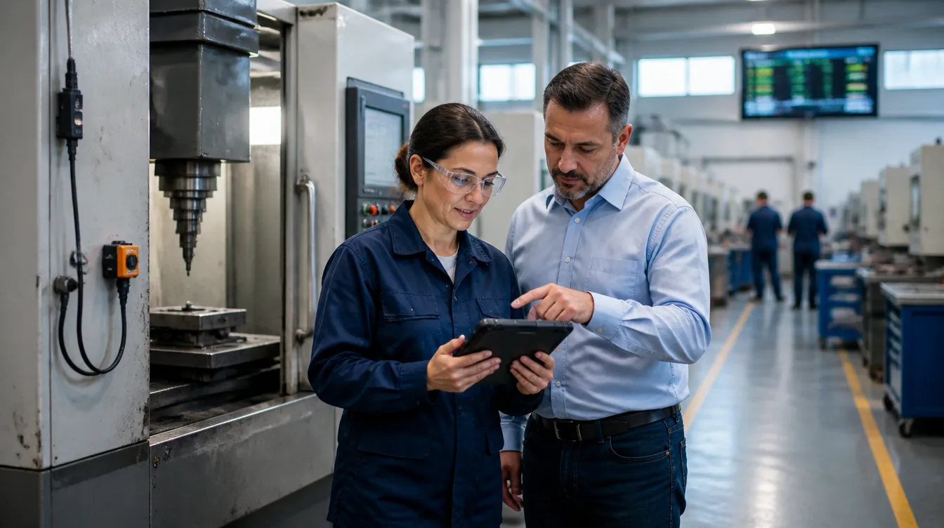 Üretim mühendisi ve yalın danışman, IoT sensörüyle donatılmış CNC tezgâhının yanında tabletten makine verimliliği verisini inceliyor