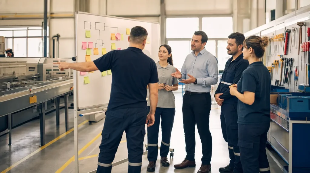 Üretim hattının yanında beyaz tahta başında kaizen workshopu yapan operatörler, mühendis ve yalın danışman