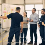 Üretim hattının yanında beyaz tahta başında kaizen workshopu yapan operatörler, mühendis ve yalın danışman
