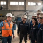 Baret ve reflektörlü yelek giyen takım lideri, üretim sahasında görsel yönetim panosu önünde operatörlere brifing veriyor