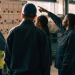 Fabrika müdürü performans panosunun önünde saha operatörleriyle günlük kısa toplantı yapıyor